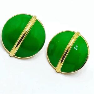 Monet Vintage Enamel Domed Clip-On Green and Gold Earrings